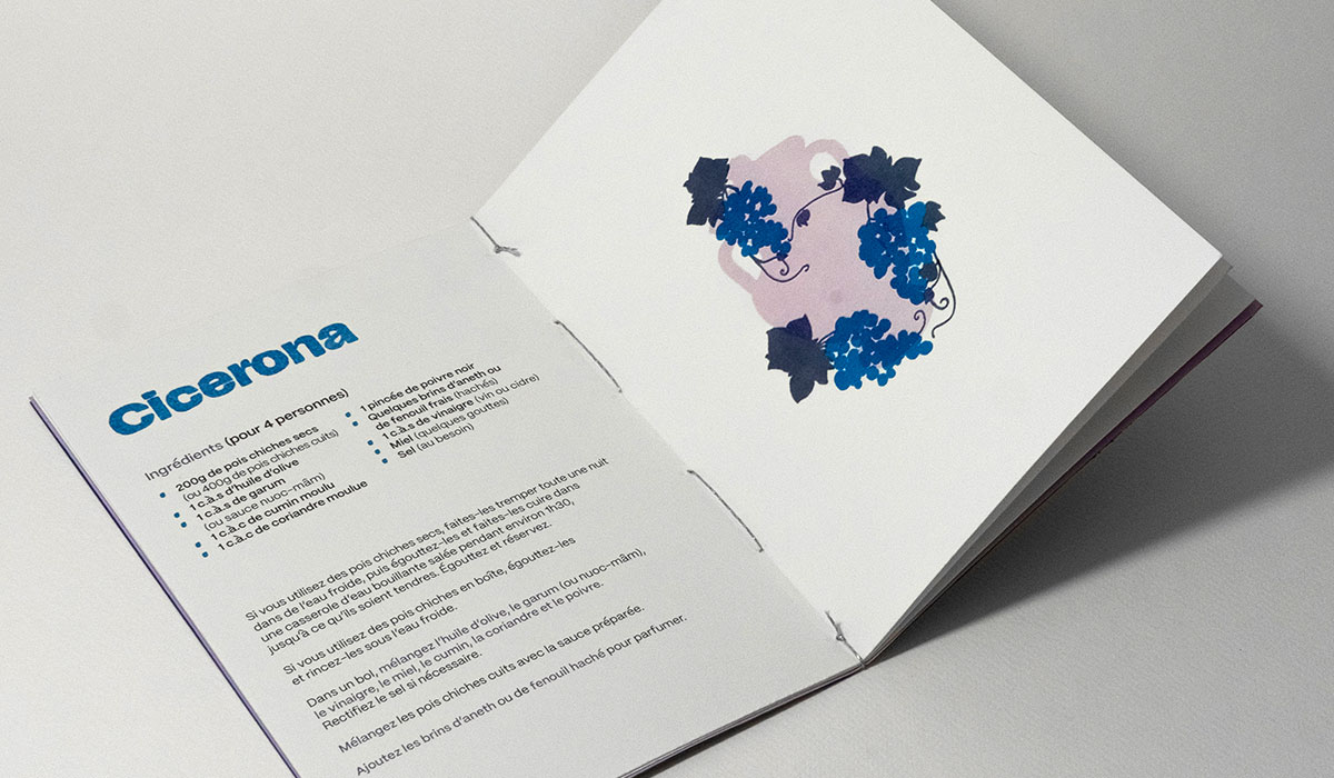 Micro-édition d'un livret de recettes romaines, avec des illustrations.